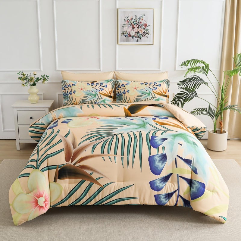Yogeneg 7 Piece Bed in a Bag Queen Size Comforter Set Khaki Bedding Set Yellow Floral Green Leaves Pattern Reversible Design Soft Microfiber Comforter with Sheet Set All Season(Khaki Queen) - Image 1